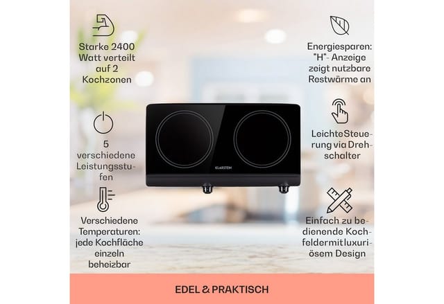Cookbuddy Doppel-Kochfeld 2400W 5 Leistungsstufen Glaskeramik Schwarz