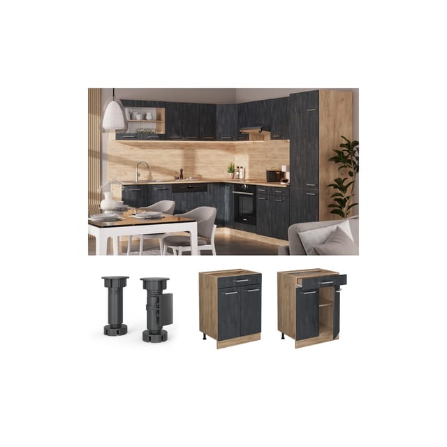 Vicco Schubunterschrank R-Line Schwarz Beton Eiche 60 cm mit Arbeitsplatte Eiche