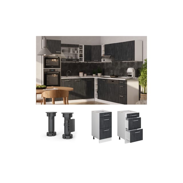 Vicco Schubladenunterschrank R-Line Schwarz Beton Weiß 40 cm mit Arbeitsplatte Eiche
