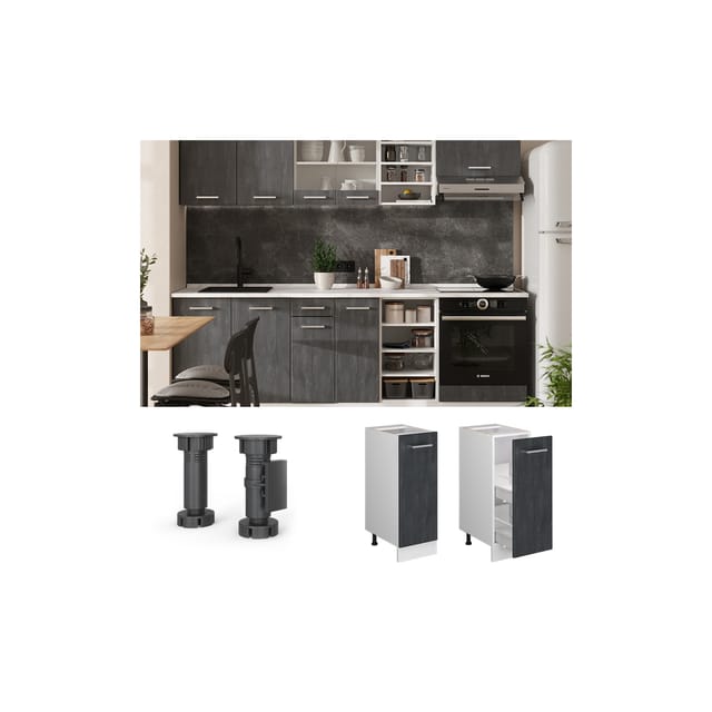 Vicco Apothekerunterschrank R-Line Schwarz Beton Weiß 30 cm mit Arbeitsplatte Weiß-Marmor