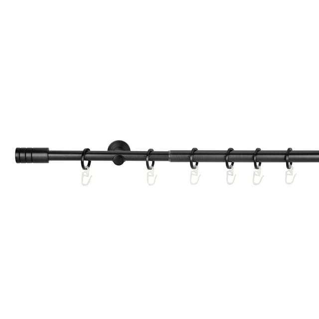 Ondeco Gardinenstange ausziehbar 1-lauf Wandmontage Endstück Rille 16/19 mm mit Ringen Farbe: Schwarz, Größe: 210-400 cm
