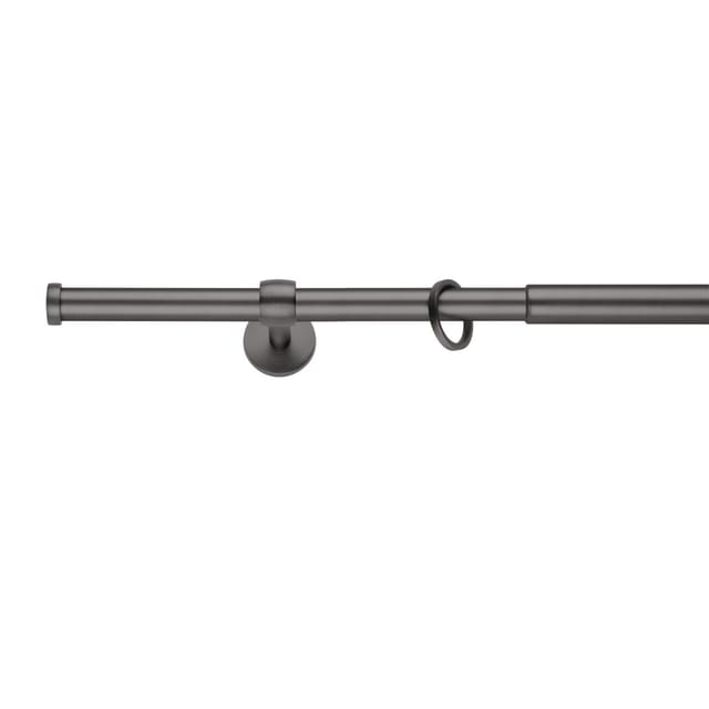 Ondeco Gardinenstange ausziehbar 1-lauf Wand-Deckenmontage Endstück Kappe 16/19 mm mit Ringen Farbe: Eisen-Brush, Größe: 120-210 cm
