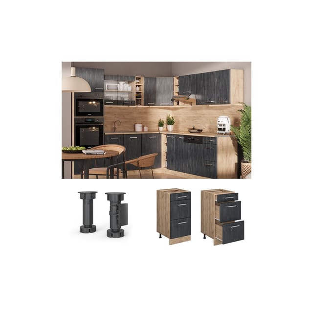 Vicco Schubladenunterschrank R-Line Schwarz Beton Eiche 40 cm mit Arbeitsplatte Eiche