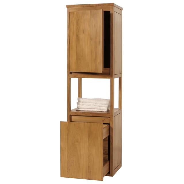 Teak-Hochschrank MCW-M71, Badschrank Badregal Badezimmer, hochwertiges B-Grade-Teak (Kernholz, 20-30 Jahre), 141x41x36cm