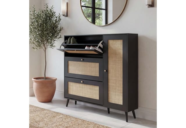 Rattan-Schuhkipper MCW-M37, Schuhregal Schuhschrank, 3 Kippfächer 2 Regalböden 127x120x24cm Holz Melamin ~ schwarz