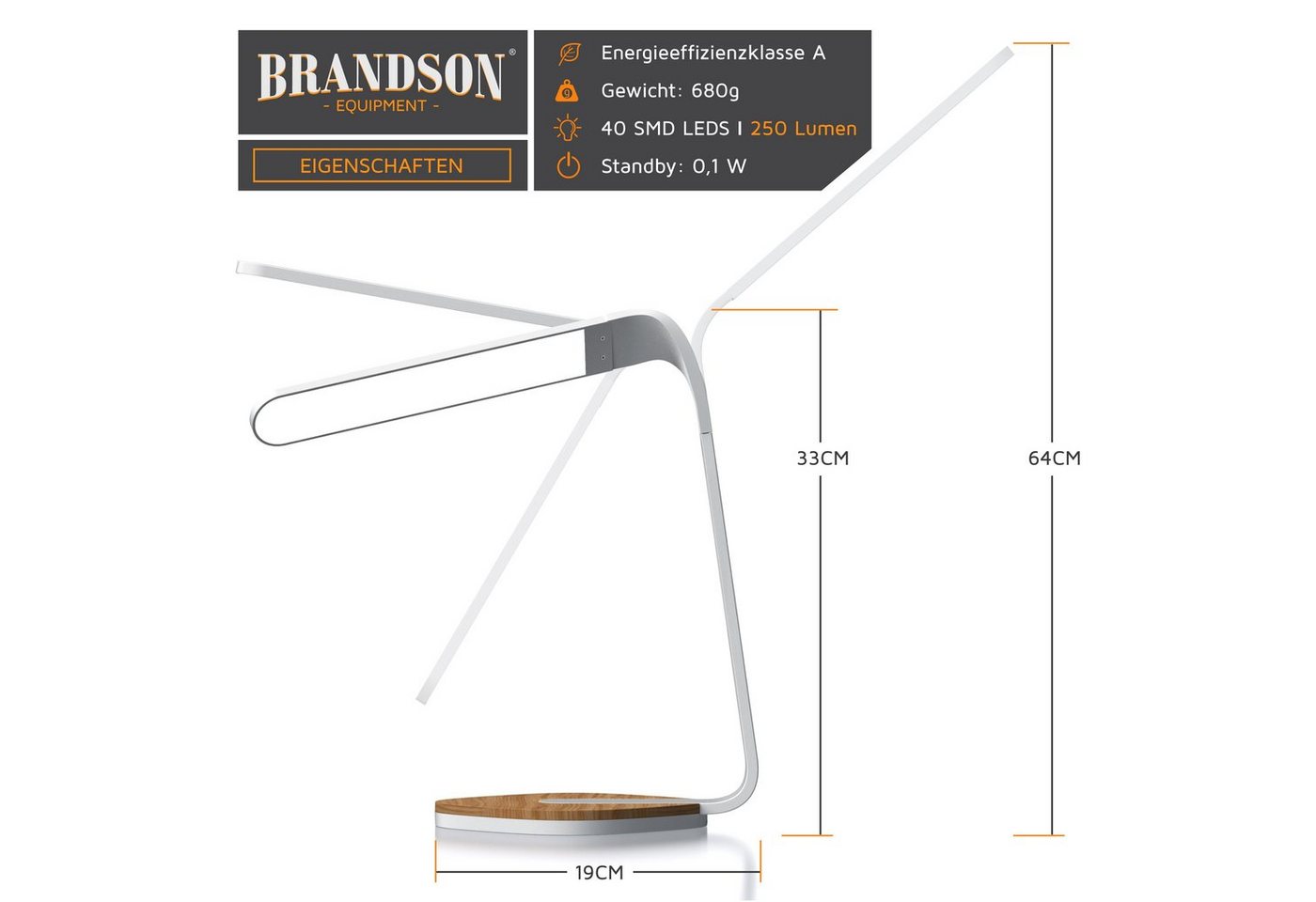 Brandson LED Schreibtischlampe mit 3 Lichtfarben, 5 Helligkeitsstufen, Holzoptik, 3 Lichttemperaturen, dimmbar, Timer, Weiß/Braun Bild 2