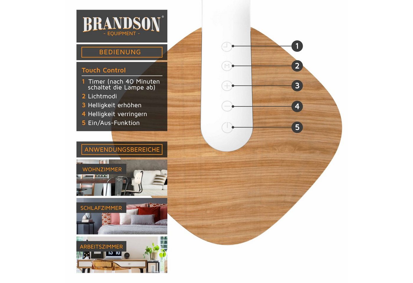 Brandson LED Schreibtischlampe mit 3 Lichtfarben, 5 Helligkeitsstufen, Holzoptik, 3 Lichttemperaturen, dimmbar, Timer, Weiß/Braun Bild 3