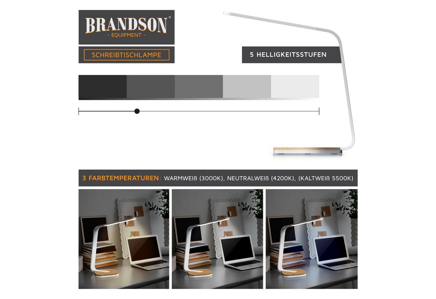 Brandson LED Schreibtischlampe mit 3 Lichtfarben, 5 Helligkeitsstufen, Holzoptik, 3 Lichttemperaturen, dimmbar, Timer, Weiß/Braun Bild 4