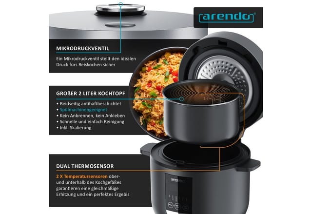 Arendo Reiskocher Digital, 350 Watt, 2L, 5 Kochprogramme, Timer, Warmhaltefunktion, BPA-frei, inkl. Messbecher & Reislöffel, Schwarz/Silber