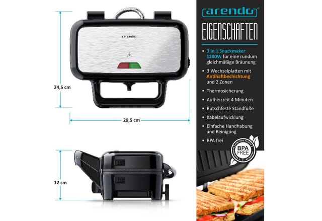 Arendo Sandwichmaker Waffeleisen Kontaktgrill mit abnehmbaren Platten - mit Antihaftbeschichtung - spülmaschinentauglich - BPA frei