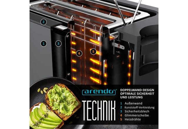 Arendo Toaster Kurzschlitz, Brötchenaufsatz, Wärmeisoliertes Gehäuse, Display, Touch