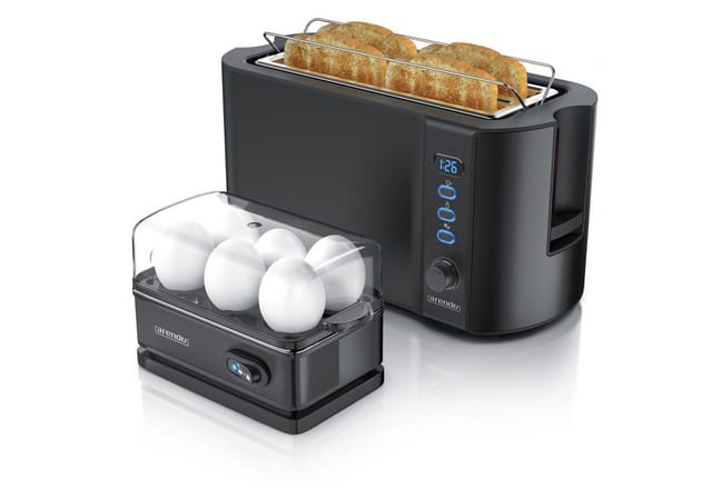 Arendo - Set Toaster FRUKOST mit Eierkocher SIXCOOK Edelstahl Schwarz, Toaster 4 Scheiben, LED-Display, 6 Bräunungsgrade, Brötchenhalter - Eierkocher