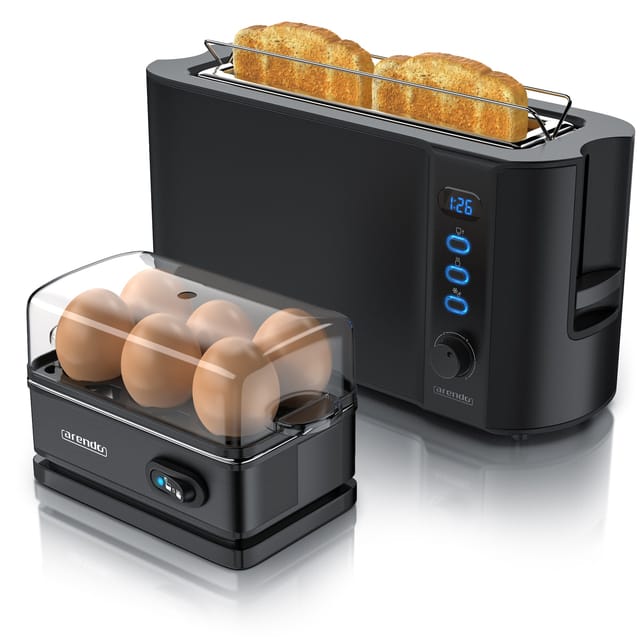 Arendo - SET Toaster FRUKOST mit Eierkocher SIXCOOK Edelstahl Schwarz, Toaster 2 Scheiben, LED-Display, 6 Bräunungsgrade, Brötchenhalter - Eierkocher