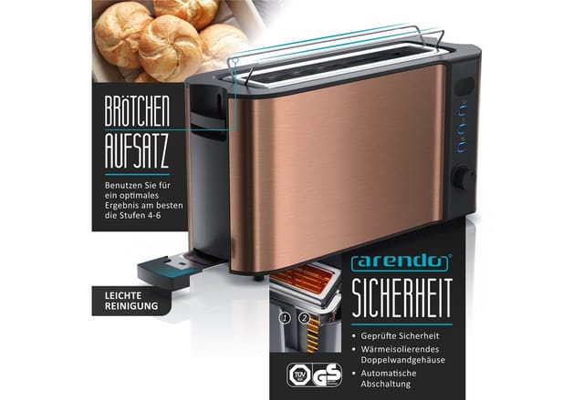 Arendo Frühstücksset 2-teilig, Langschlitztoaster für 2 Scheiben, Wasserkocher Edelstahl 1,5 Liter, Kupfer