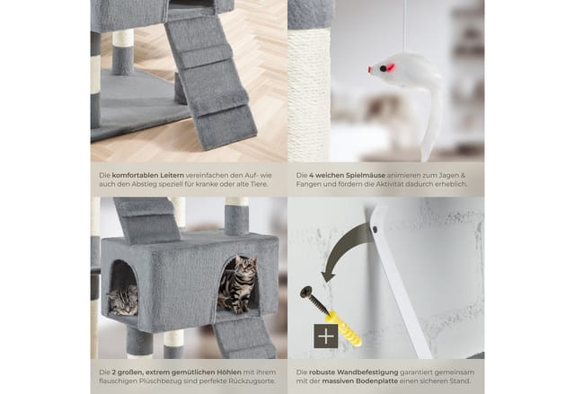 tectake® Kratzbaum, 170 cm, mit 2 Katzenhäusern, inklusive 2 Treppen, 4 Spielmäusen und Kippschutz
