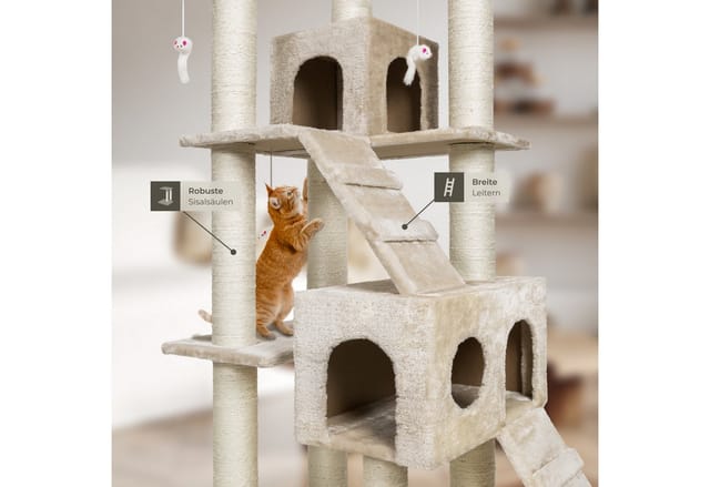 tectake® Kratzbaum, 186 cm, mit 2 Katzenhäusern, inklusive 2 Treppen, 4 Spielmäusen und Kippschutz
