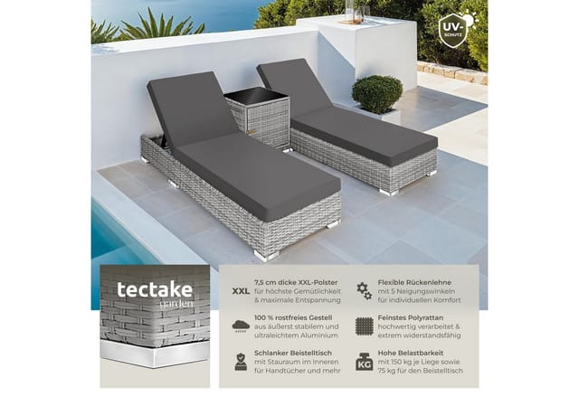 tectake® 2er Set Aluminium Rattan Sonnenliegen, wetterfest und UV-beständig, Tisch mit Staufach, inklusive 2 Bezugssets und Schutzhülle