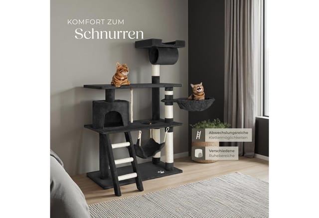 tectake® Kratzbaum, 141 cm, mit Katzenhaus, inklusive Treppe, Spielkordel und Kippschutz