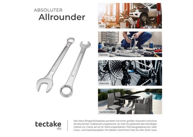 tectake® Maul-Ringschlüsselsatz, 25-teilig, 6 - 32 mm, inklusive Rolltasche mit Ösen