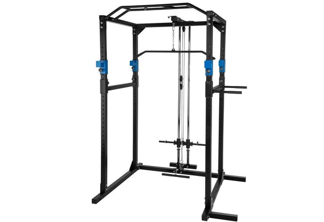 tectake® Power Rack, mit Latzug, höhenverstellbare Langhantelablagen und Sicherheitsstreben, 136 x 142,5 x 215 cm