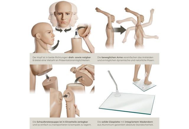 tectake® Schaufensterpuppe, aus Kunststoff, lebensechte Proportionen, Glasplatte mit Wadendorn