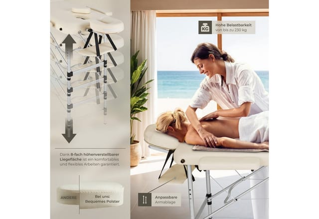tectake® 2 Zonen Massageliege, Breite 60 cm, Polsterung 4 cm, mit Aluminiumgestell, 205 x 95 x 89 cm