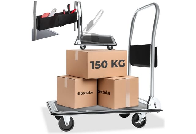 tectake® Plattformwagen, klappbarer Handgriff mit Aufbewahrungsfach, rutschfeste Auflage und gummierter Kantenschutz, Ladefläche 73 x 47 cm, extra Befestigungsösen