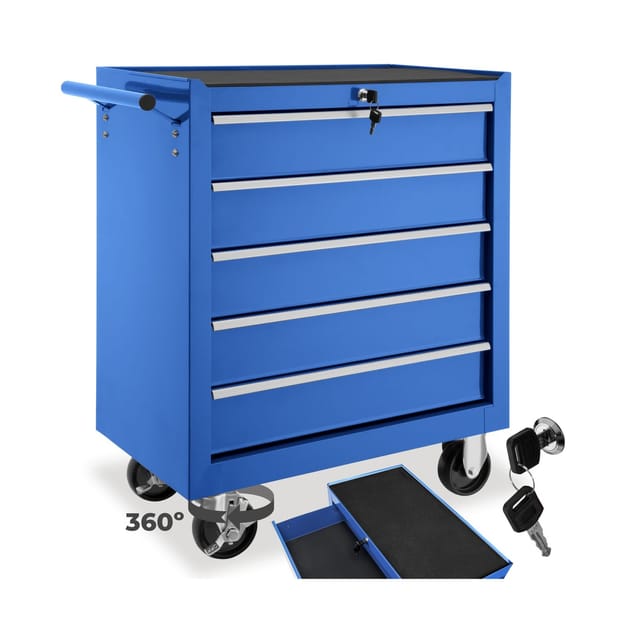tectake® Werkzeugwagen, 5 kugelgelagerte Schubladen mit Antirutschmatten, zentrale Sicherheitsverriegelung, Rollen Ø 100 mm