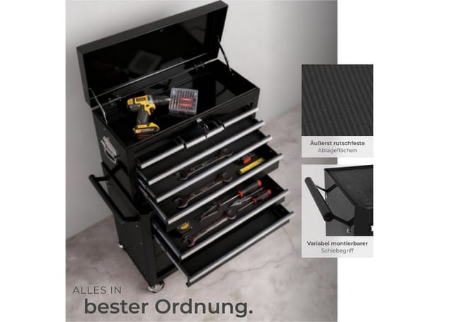 tectake® Werkzeugwagen, 8 kugelgelagerte Schubladen mit Antirutschmatten, großes Klappfach, mobiler Kofferaufsatz mit zentraler Sicherheitsverriegelung, Rollen Ø 100 mm