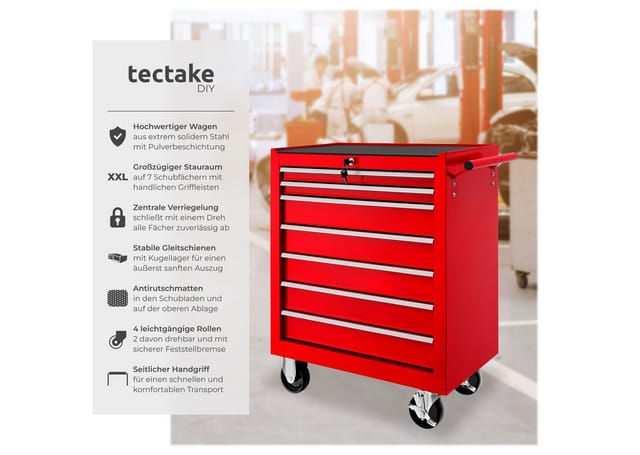 tectake® Werkzeugwagen, 7 kugelgelagerte Schubladen mit Antirutschmatten, zentrale Sicherheitsverriegelung, Rollen Ø 100 mm