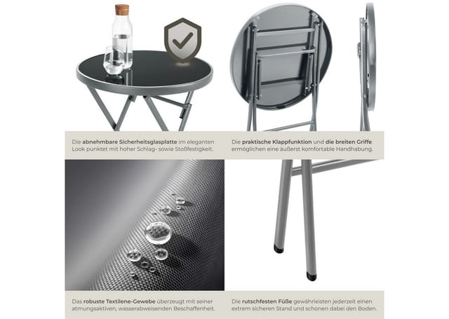 tectake® Bistro-Set, klappbar, für 2 Personen, UV-beständig, Tisch mit Sicherheitsglasplatte