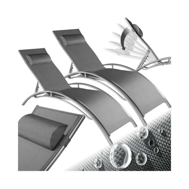tectake® Aluminium 2er Set Gartenliege, Textilene-Gewebe, abnehmbares Kopfpolster, 180 x 59 x 50 cm