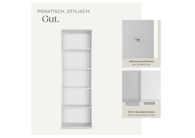 tectake® Bücherregal, MDF, bodenschonende Kunststofffüße, 60 x 30 x 190 cm