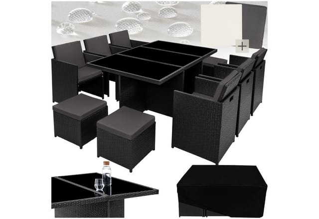 tectake® Aluminium Rattan Sitzgruppe, wetterfest und UV-beständig, für 6 bis 10 Personen, zusammenschiebbar, inklusive Schutzhülle