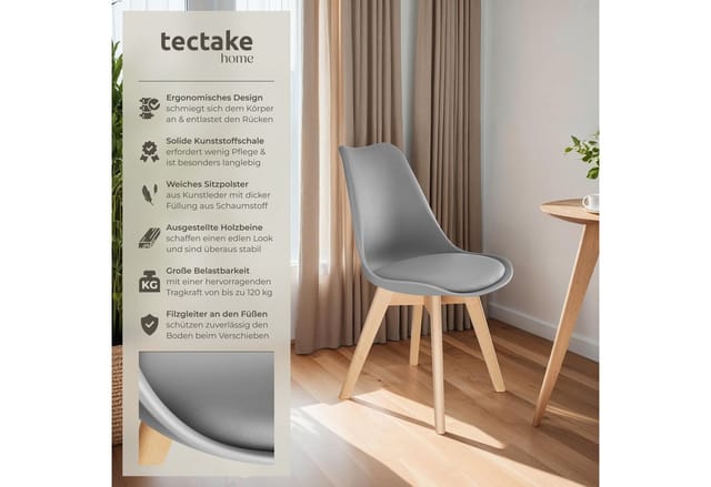 tectake® Set Esszimmerstuhl, Scandi-Design, massive Holzbeine, 49 x 53 x 82 cm