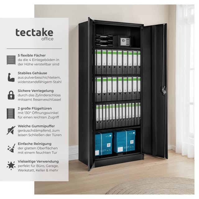 tectake® Aktenschrank, aus pulverbeschichtetem Stahl, 4 höhenverstellbare Einlegeböden, 180 x 80 x 40 cm