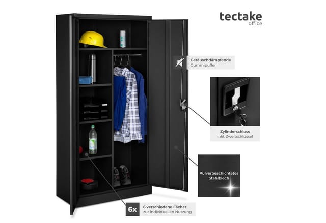 tectake® Spind, aus pulverbeschichtetem Stahl, mit 6 Fächern, 180 x 80 x 40 cm