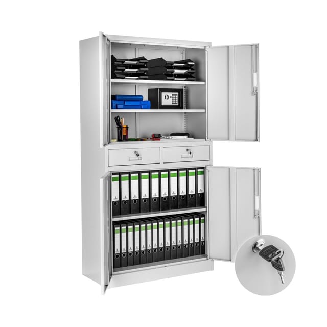 tectake® Aktenschrank, aus pulverbeschichtetem Stahl, 3 höhenverstellbare Einlegeböden, 180 x 80 x 40 cm