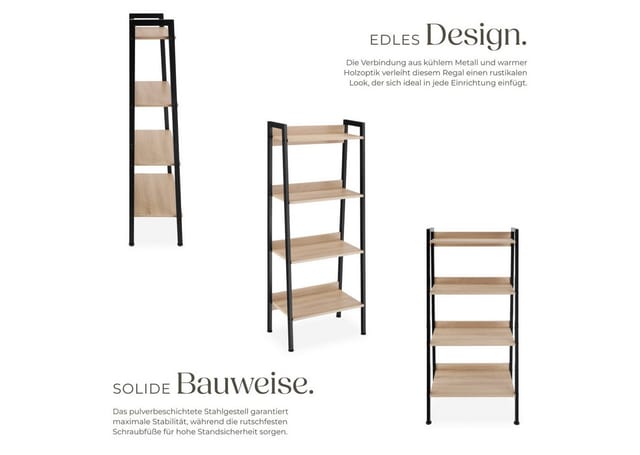 tectake® Leiterregal, Industrial Style, mit 4 offenen Fächern mit verstellbarem Einlegeboden, inklusive Kippschutz, 57,5 x 34 x 138 cm