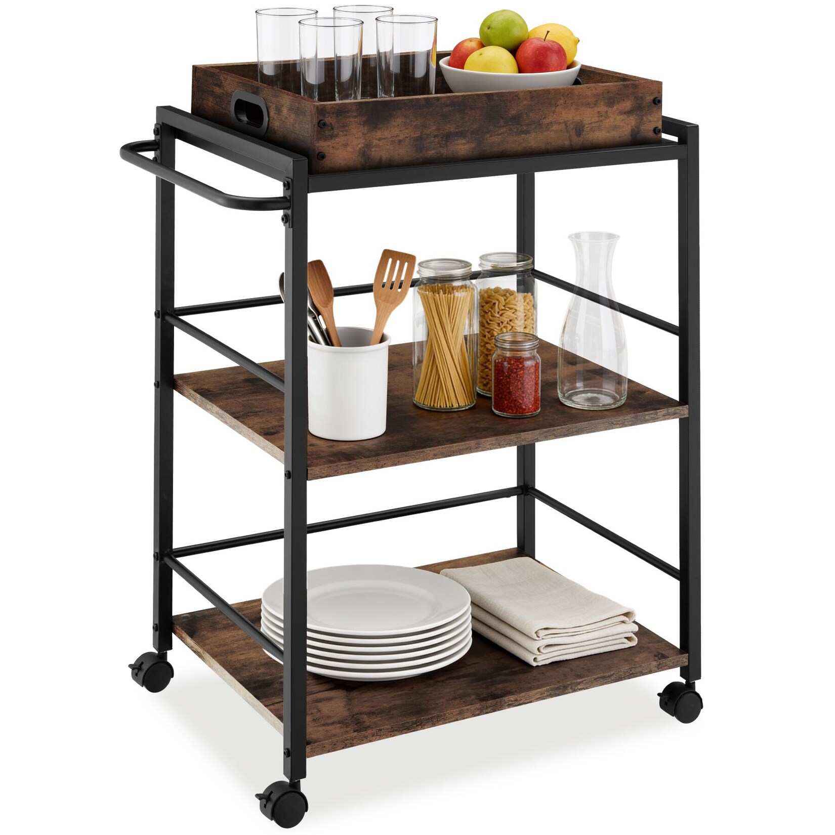 tectake® Servierwagen , Industrial Style, 3 Ebenen und abnehmbares Tablett, 65 x 41,5 x 87 cm
