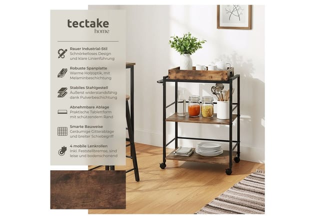 tectake® Servierwagen , Industrial Style, 3 Ebenen und abnehmbares Tablett, 65 x 41,5 x 87 cm