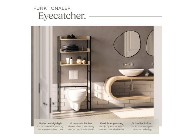 tectake® Badezimmerregal, Industrial Style, mit 3 Ablagen, inklusive Kippschutz