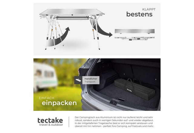 tectake® Aluminium Campingtisch, faltbar, höhenverstellbar, 120 x 70,5 x 58 – 79 cm