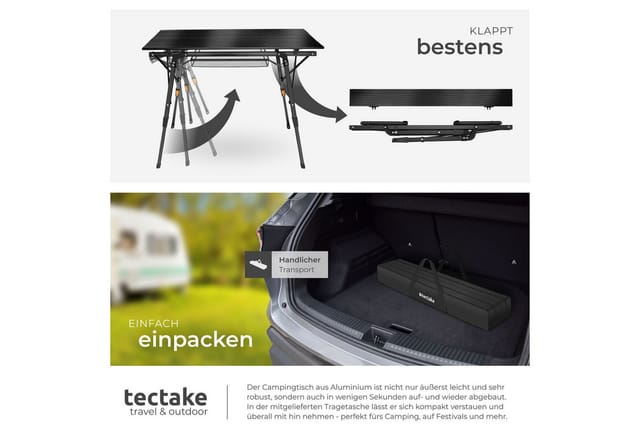 tectake® Aluminium Campingtisch, faltbar, höhenverstellbar, 90 x 52 x 47 - 70 cm