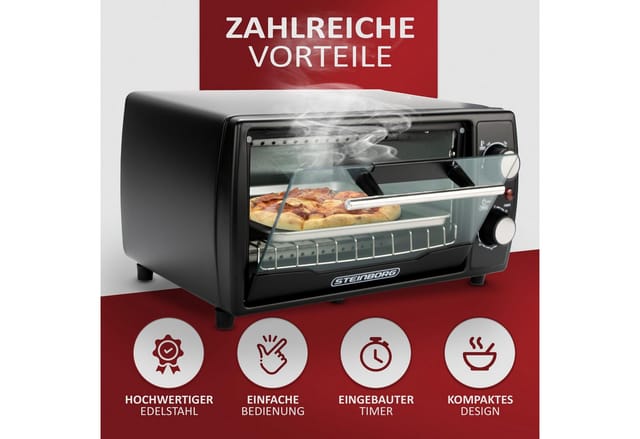 Steinborg Minibackofen 10L Pizzaofen 60 min. Timer 1000W schwarz