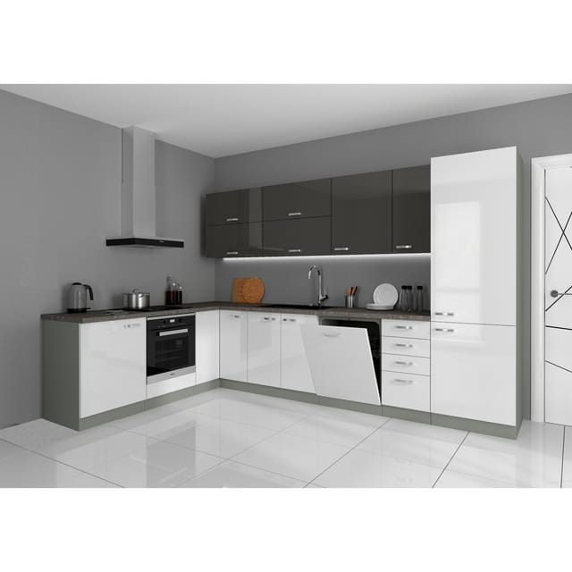 Küche Bianca Ecke V 210x330 Küchenzeile Hochglanz Weiss + Grau Küchenblock Grey