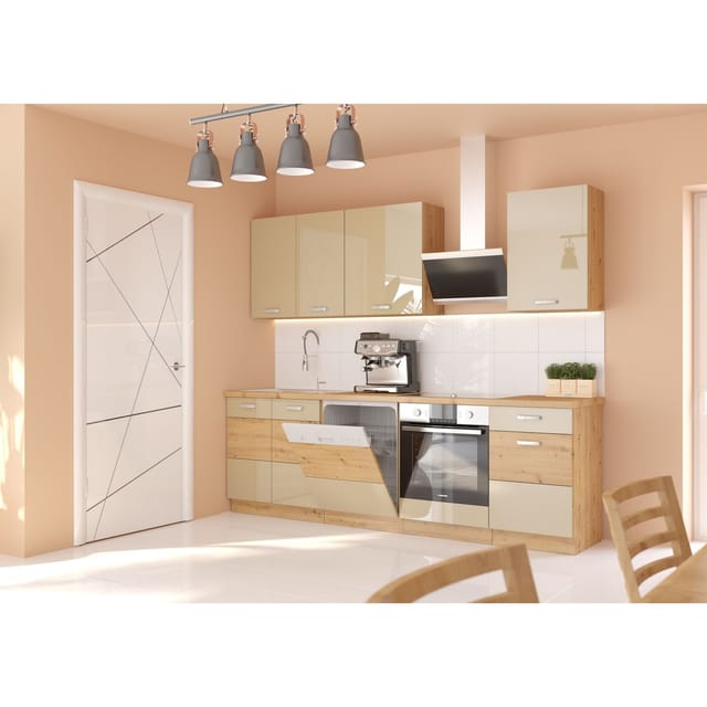 Küche Artisan Cappuccino 250 cm Küchenzeile Hochglanz Küchenblock Einbauküche