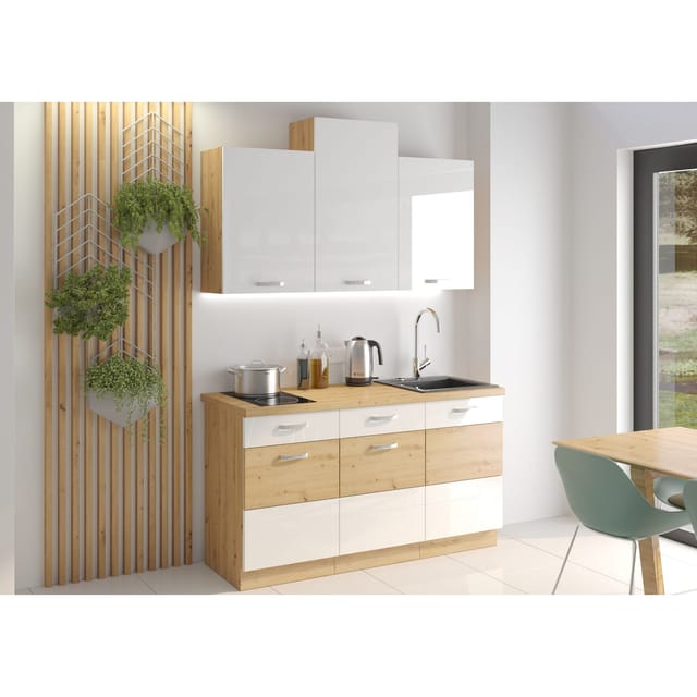 Küche Eiche Artisan Weiß 150 cm Küchenzeile Hochglanz Küchenblock Singleküche