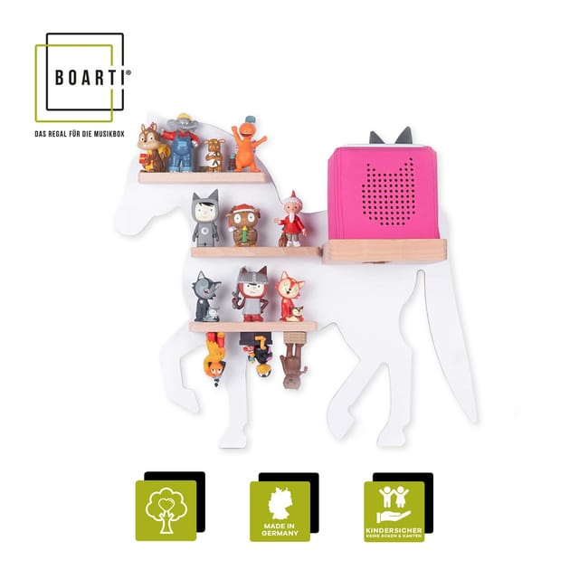 BOARTI Kinderregal Tier Pferd hängend für Toniebox und Tonie Figuren platzsparendes Regal H. 42 x B. 46 x T. 19 Wandregal für Musikbox Figuren Aufbewahrung Magneteinsätzen Aufbewahrungsregal Holz