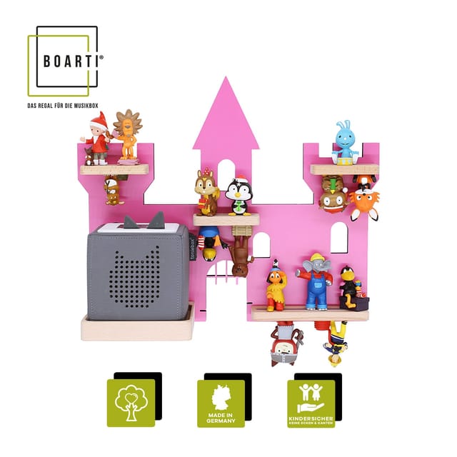 BOARTI Kinderregal Haus Schloss hängend für Toniebox und Tonie Figuren platzsparendes Regal H. 34 x B. 42 x T. 19 Wandregal Musikbox und Figuren Aufbewahrung Magneteinsätzen Aufbewahrungsregal Holz